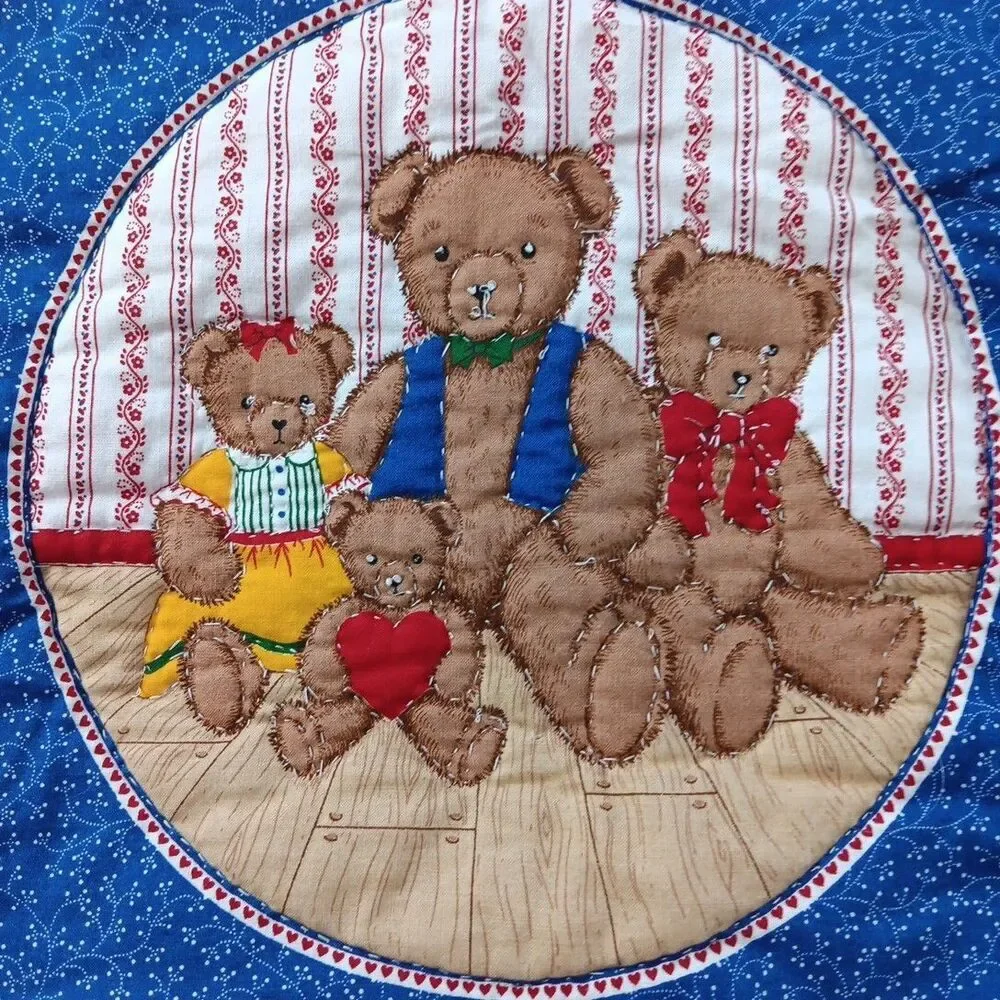 Teddy Bears Quilted Panels Pillow Americana Vintage Fabric Project